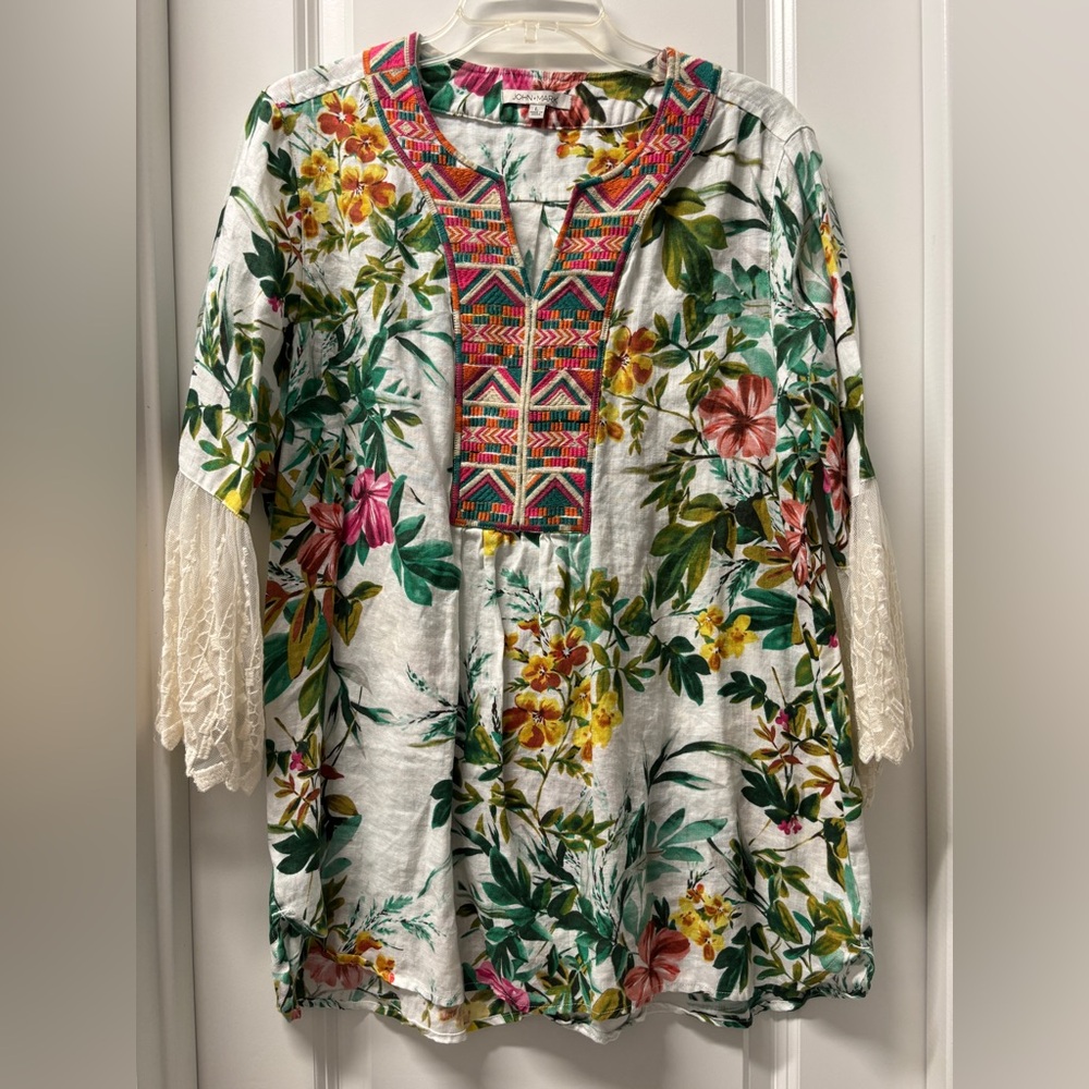 John Mark Multicolor Floral 100% Linen Embroidered Tunic SIZE Large Resort Beach